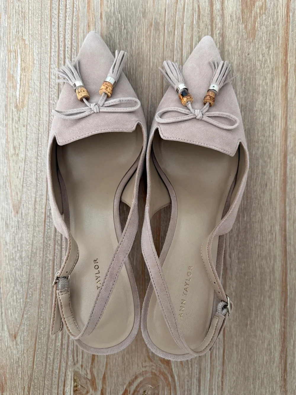 Ann Taylor Beige Suede Slingback Heels with Tassel Detail